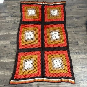Roseanne Crochet MCM Grannycore Brown Orange Afghan Blanket 82x47 Square VTG